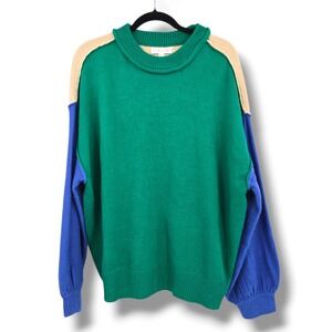 She+Sky Colorblock Knit Sweater Green Tan Blue Long Sleeve Crew Neck Size M